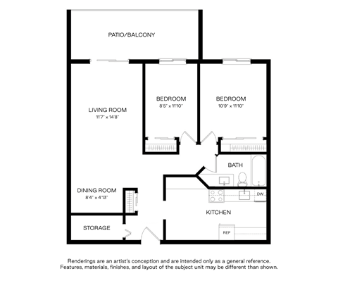 Floor plan for 2 beds, 1 bath, 865 sqft